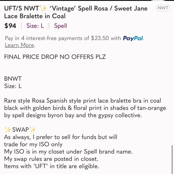 Spell & The Gypsy NEW Rosa Spanish Detail Floral Lace Bralette Black Coal Size L - Picture 8 of 8